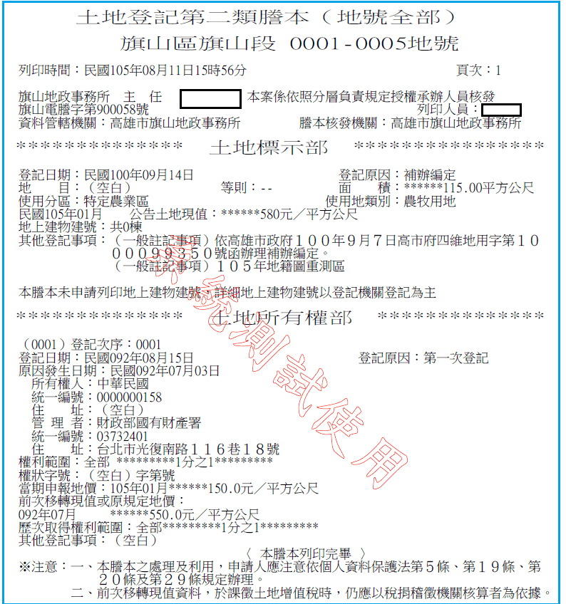 土地登記第二類謄本完整樣張，帶測試使用浮水印，標示部的地目欄顯示空白、等則欄顯示兩個橫槓，下一行為使用分區與使用地類別