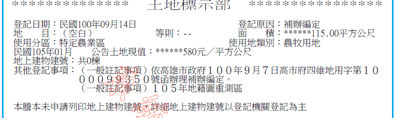 土地標示部特寫，地目欄為空白、等則欄為兩個橫槓，下一行使用分區登載特定農業區、使用地類別登載農牧用地